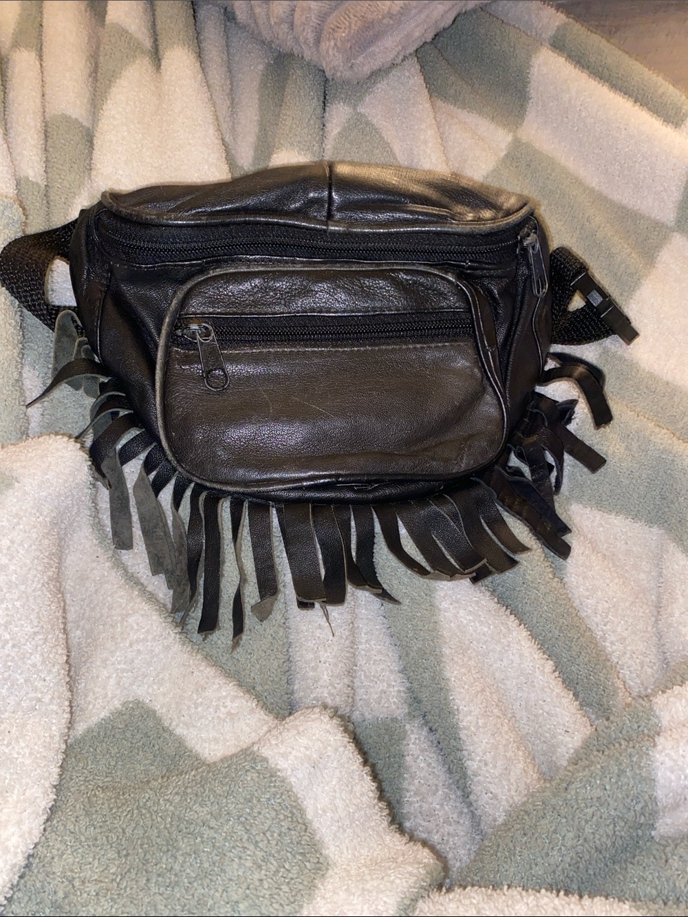 Vintage Black leather fringe biker Fanny pack as is!